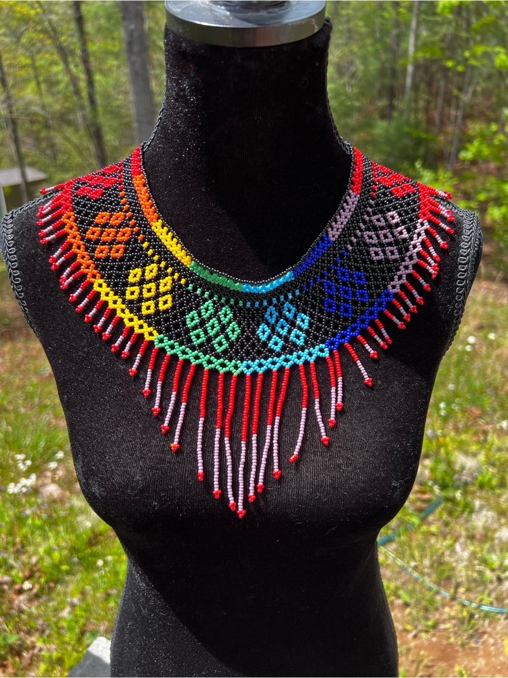 Handmade Multicolor Beaded Fringe Statement Necklace hand beaded in Mexico